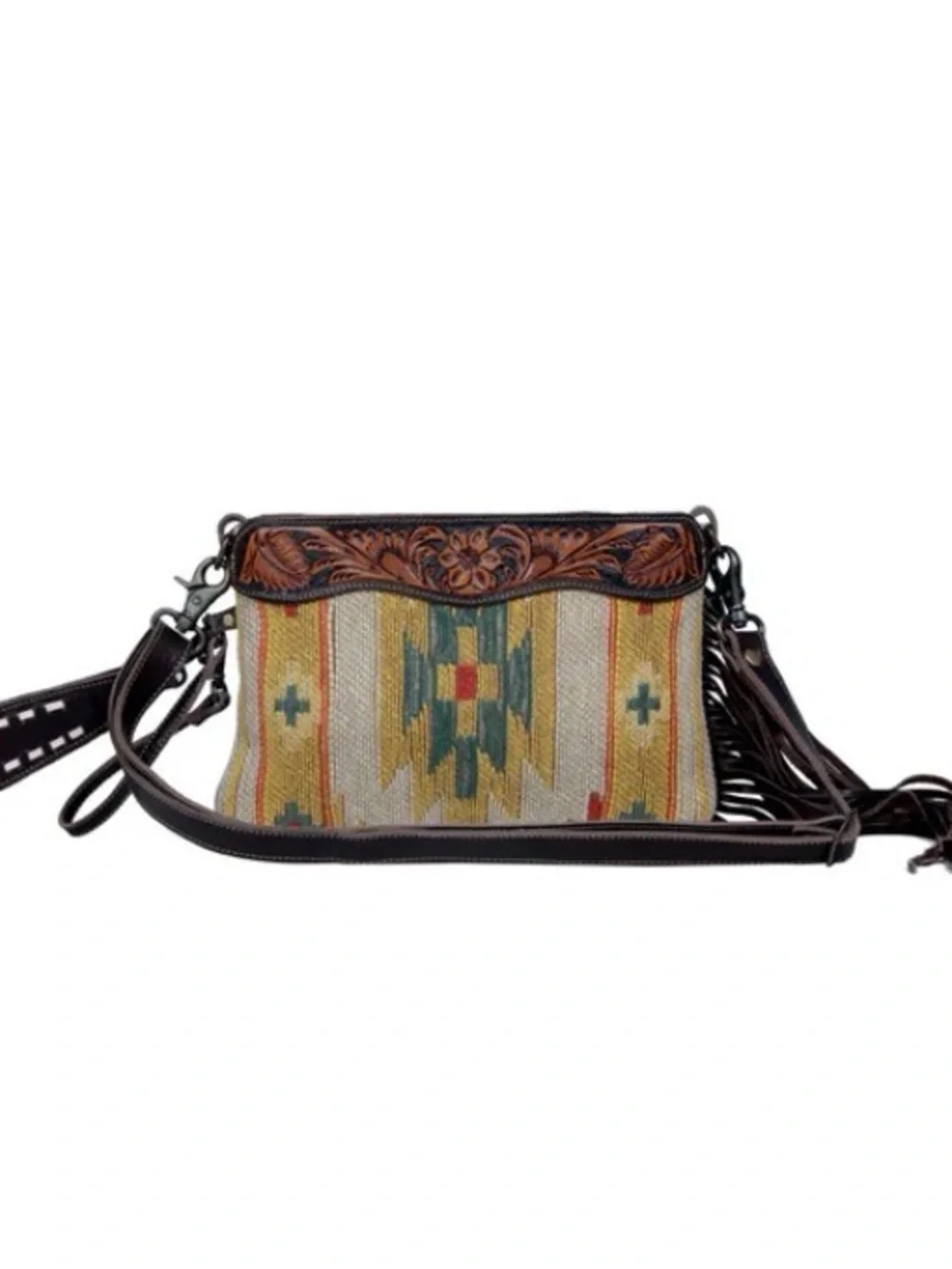 Myra Bag Woven Southwest Crossbody with Tooled Brown Leather Trim - Picture 7 of 9